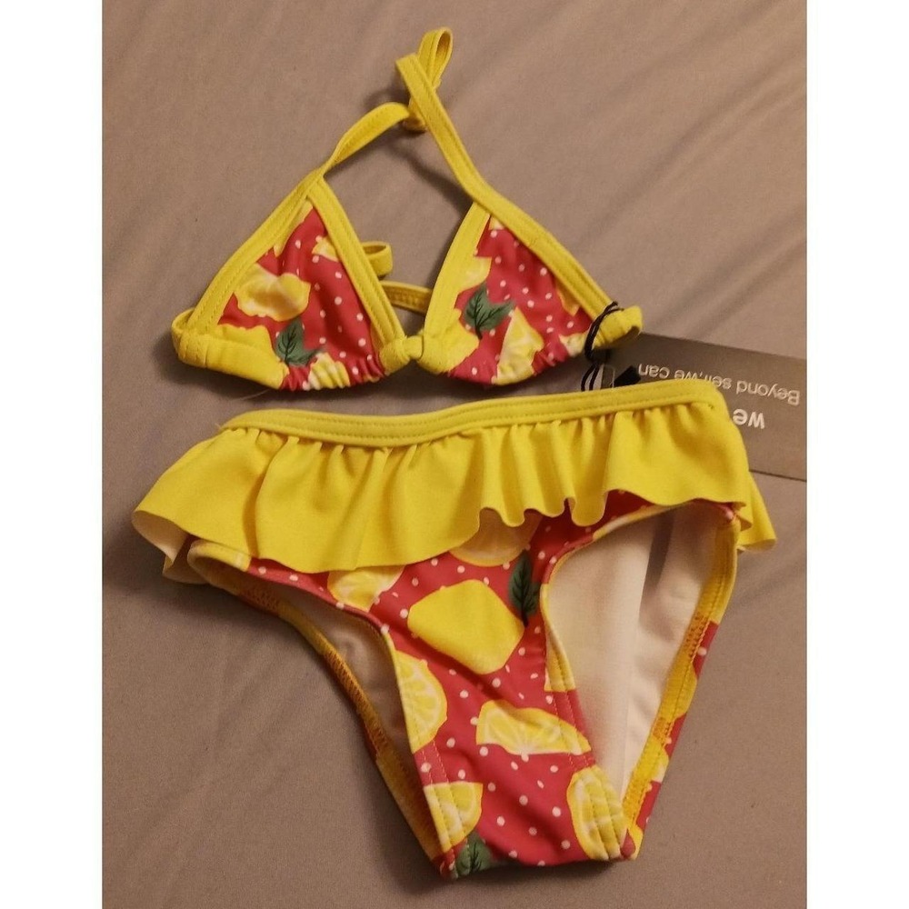 NEW WeVSWe Baby Girl Pink Lemon Print 2pc Bikini Swimsuit, 6-12 Months